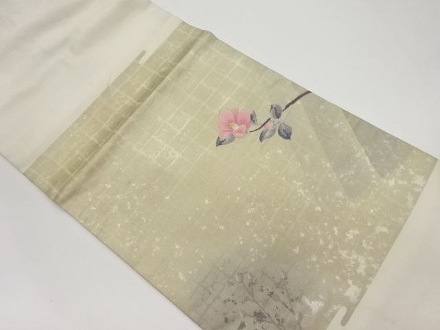 リサイクル　格子に椿模様織出し名古屋帯